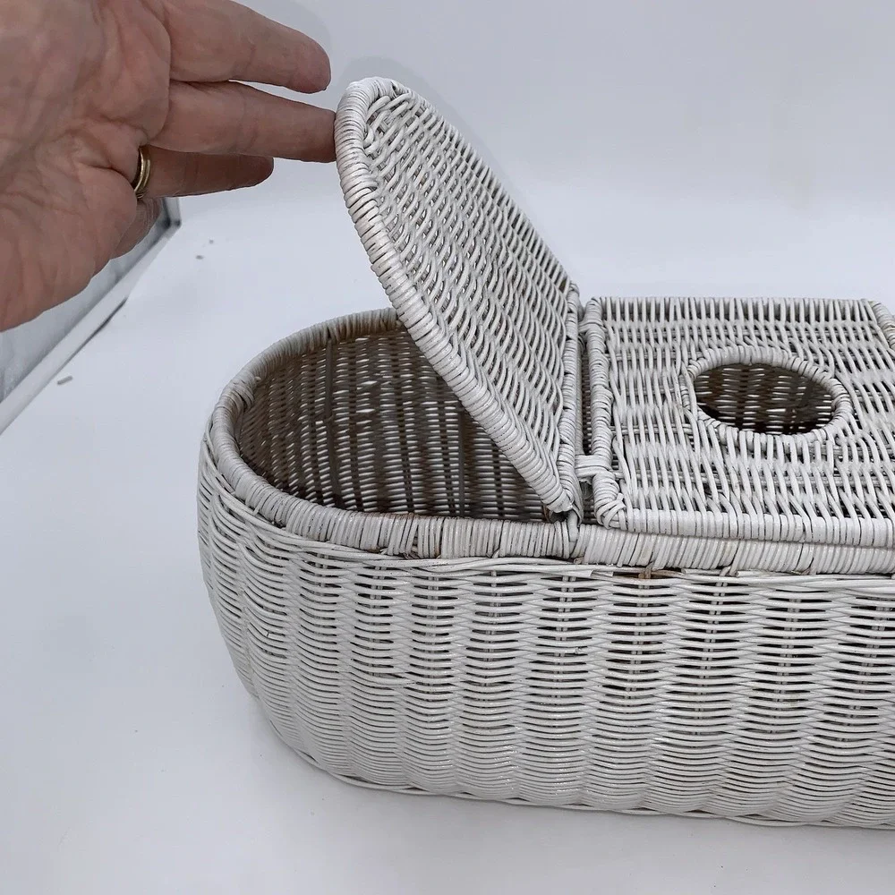 Vintage Handwoven Rattan Wicker 3 Part Tissue Basket White Storage Multipurpose